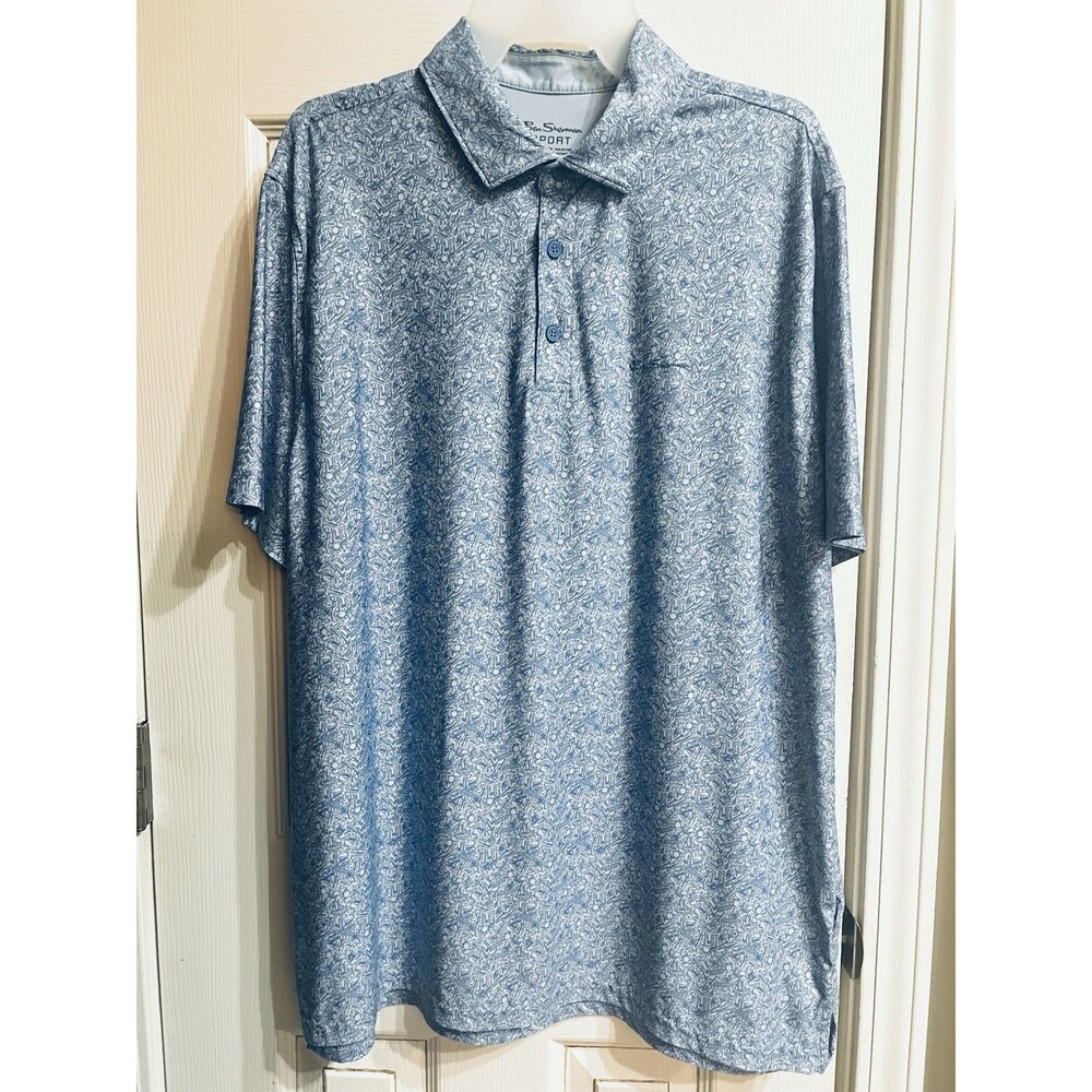 Ben Sherman Sport Mens L Guitar Music Print Golf Polo Blue Stretch Performance